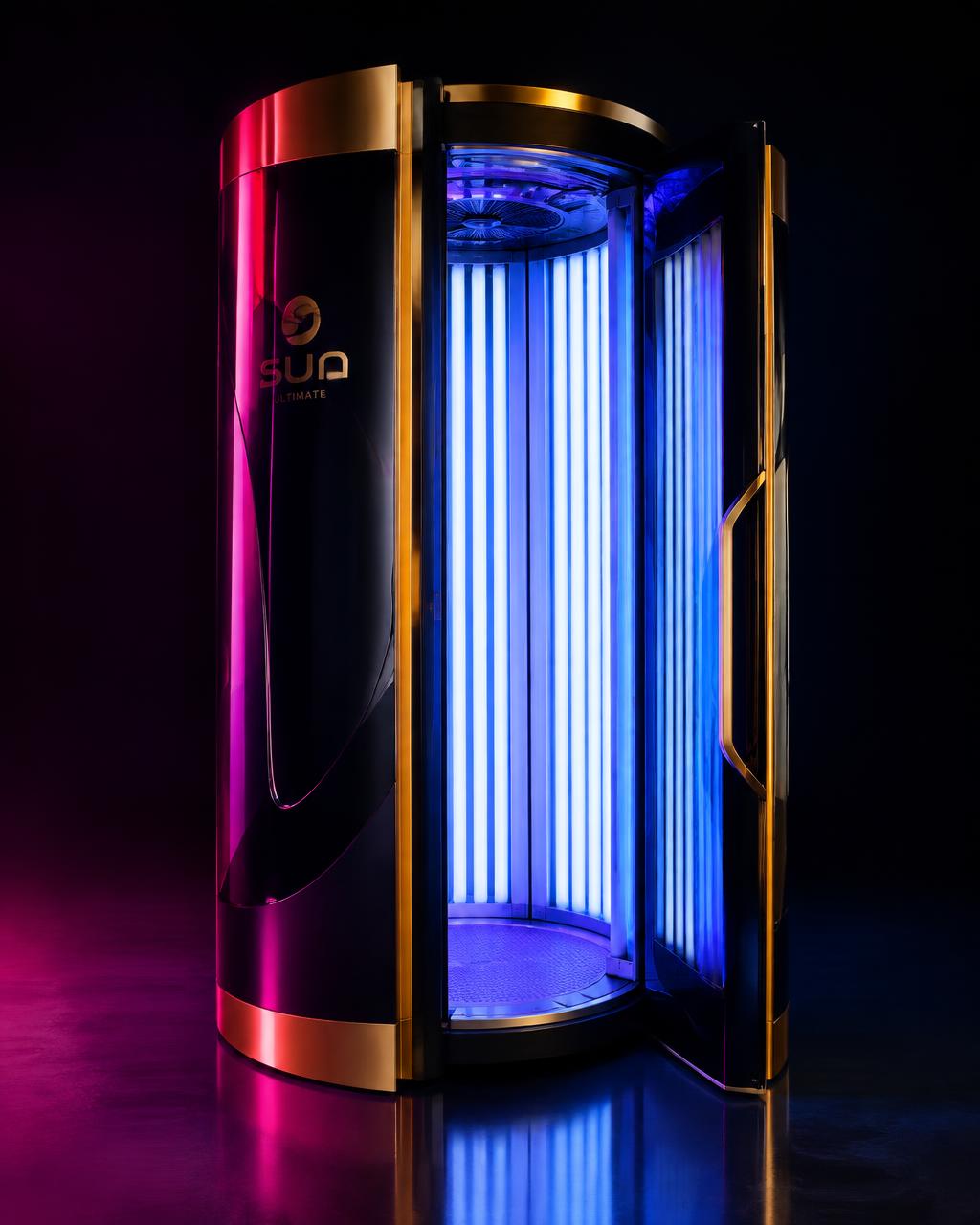 Máquina profissional de bronzeamento com acabamento preto e dourado